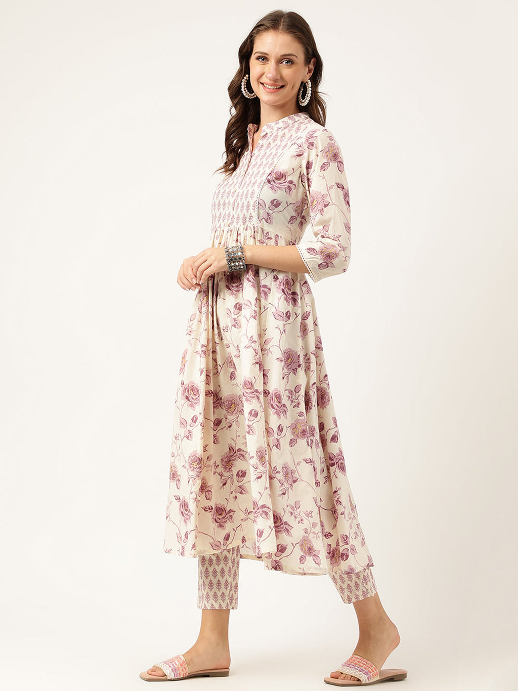 Divena White Purple Floral Cotton Flared kurta with Pant set