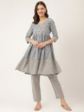 Divena Sky Blue Hand Block Floral Print Cotton Kurta, Trouser