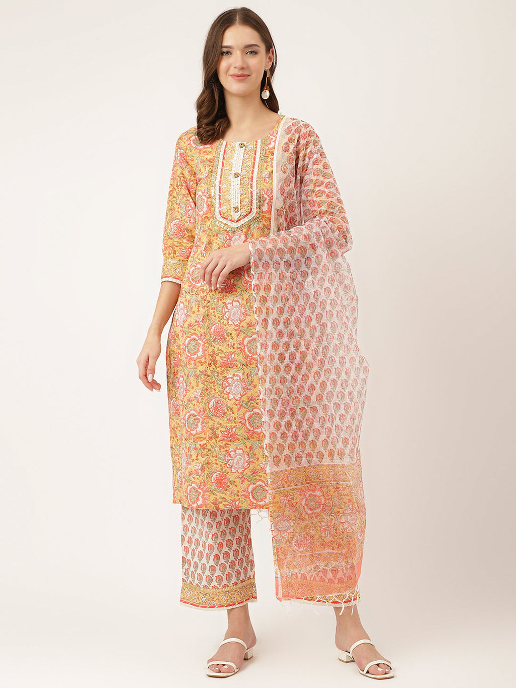 Divena Yellow Hand Block Floral Print Cotton  Kurta, Trouser With Dupatta