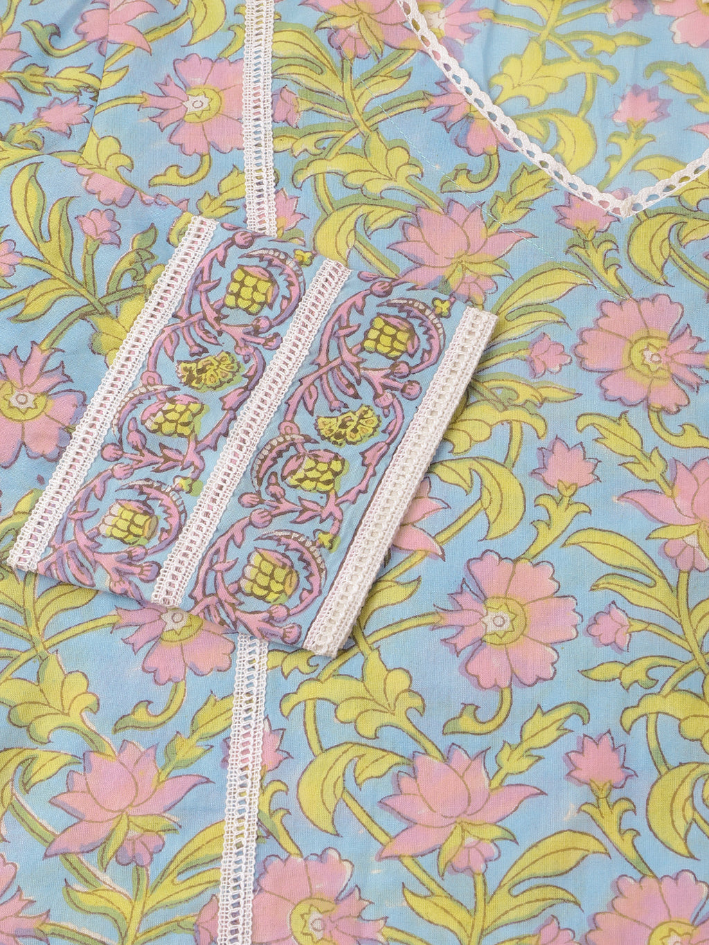 Divena Blue Hand-Block Floral Print Cotton  Kurta, Trouser & Dupatta