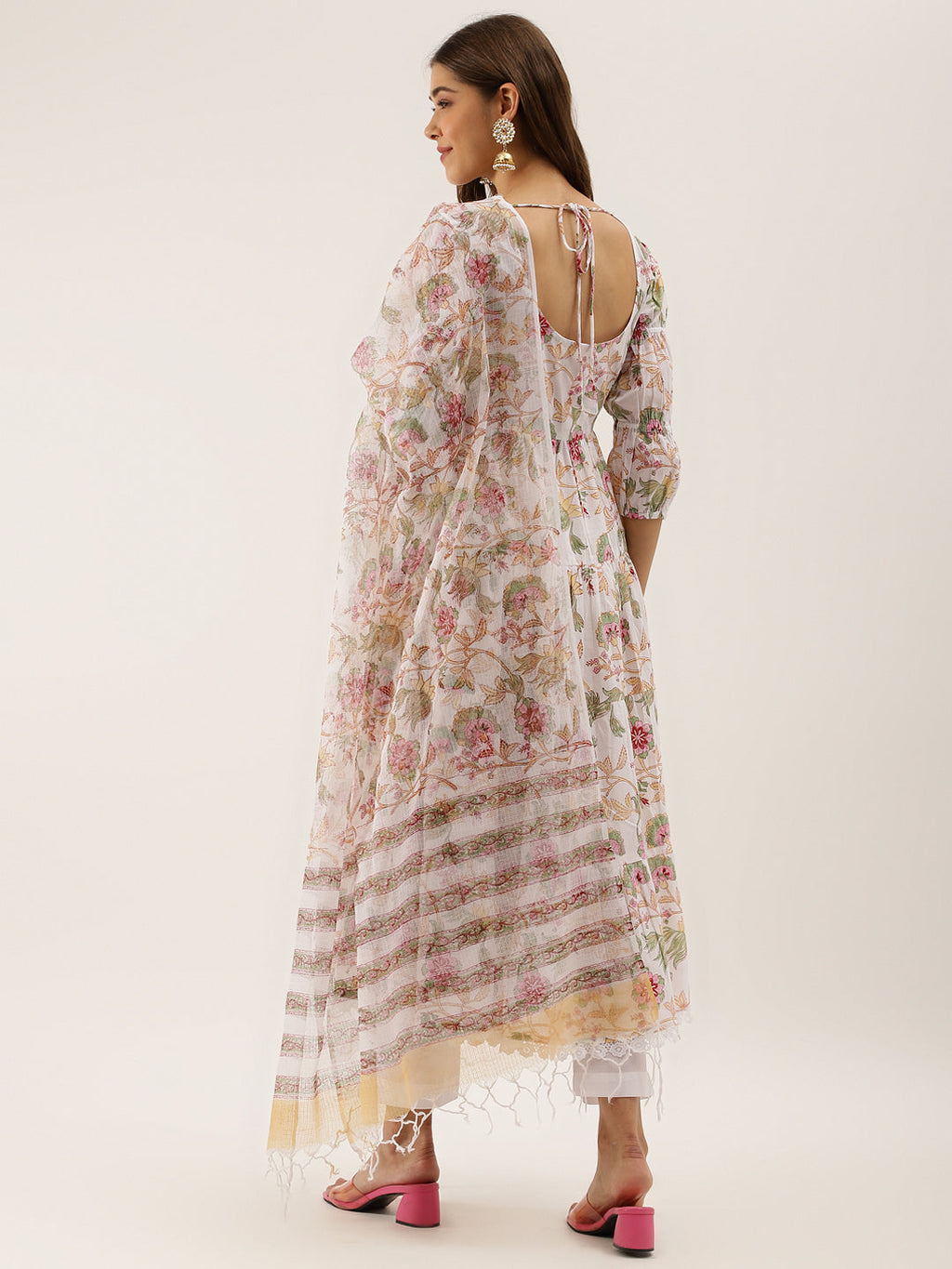 Divena White Handblock Floral Printed Cotton Anarkali Kurta Set with Kota Doria Dupatta