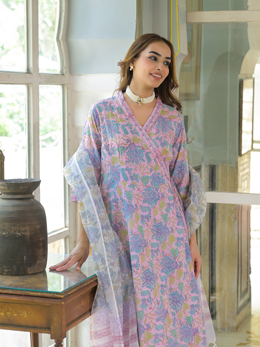 Divena Pink Cotton Block Print Angarakha Kurta Pant with Dupatta