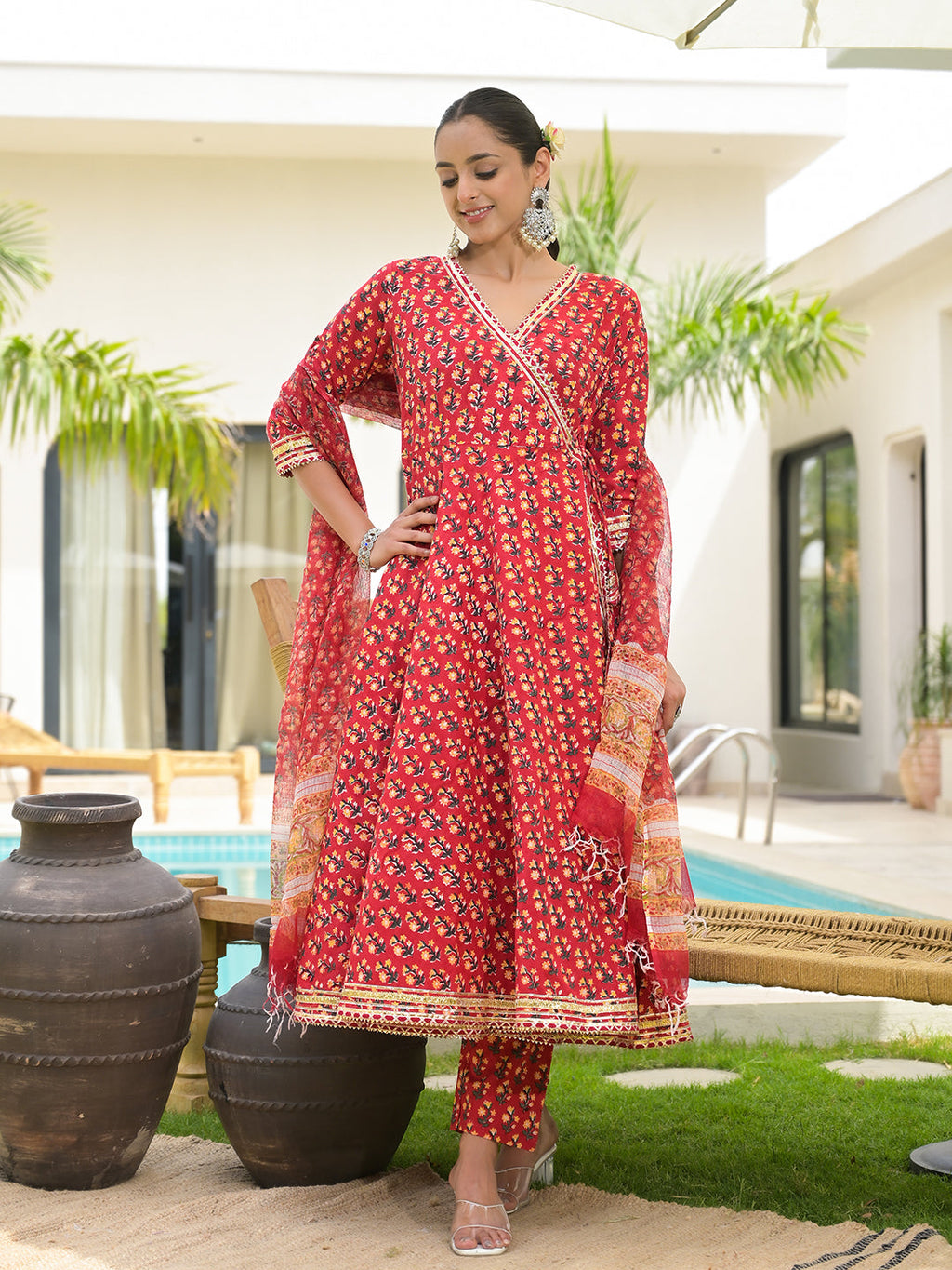 Divena Red Floral Printed Round Neck Pure Cotton Anarkali Kurta With Trousers & Dupatta