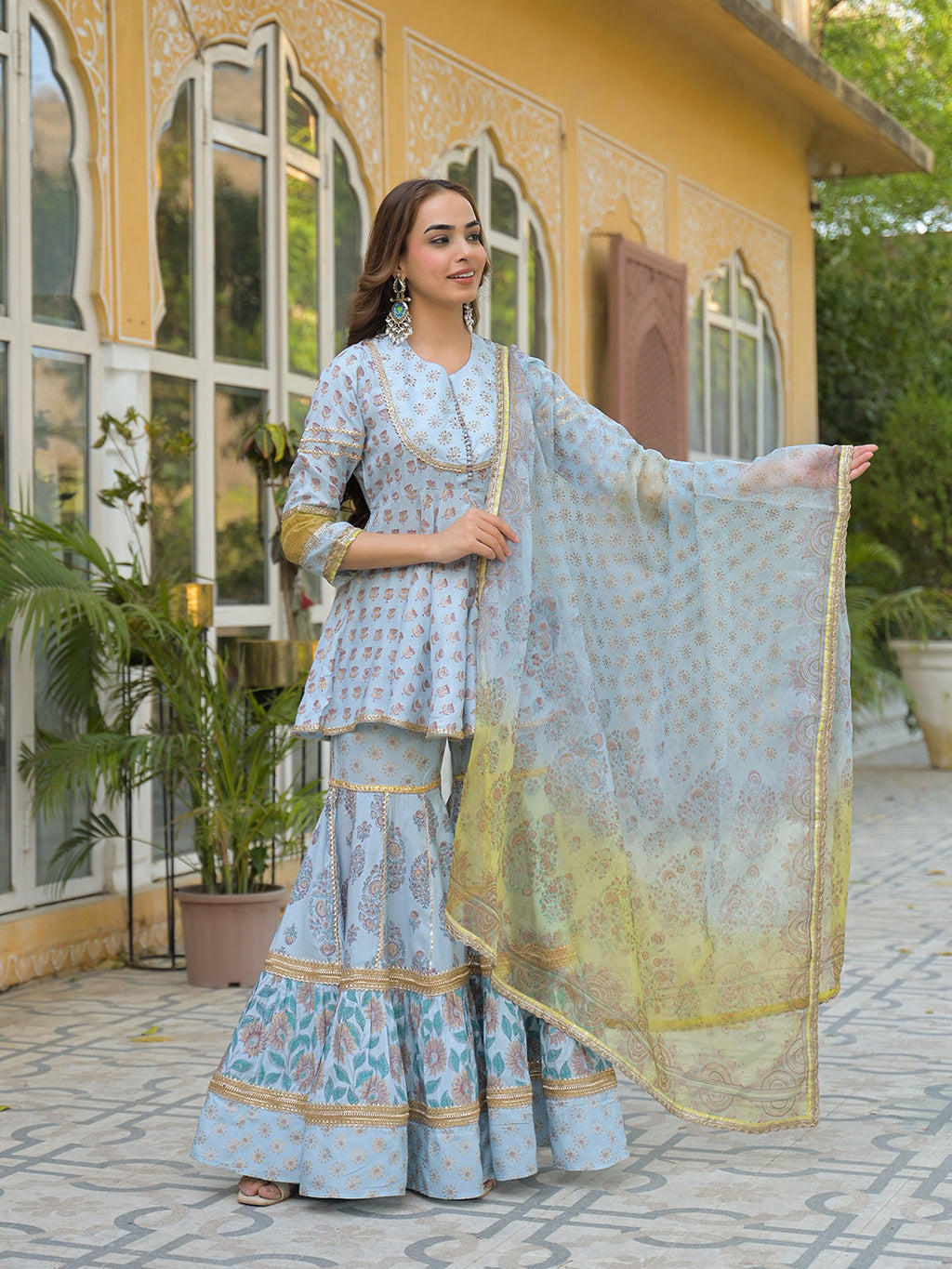 Divena Sky Blue Muslin Kurti Sharara with Dupatta