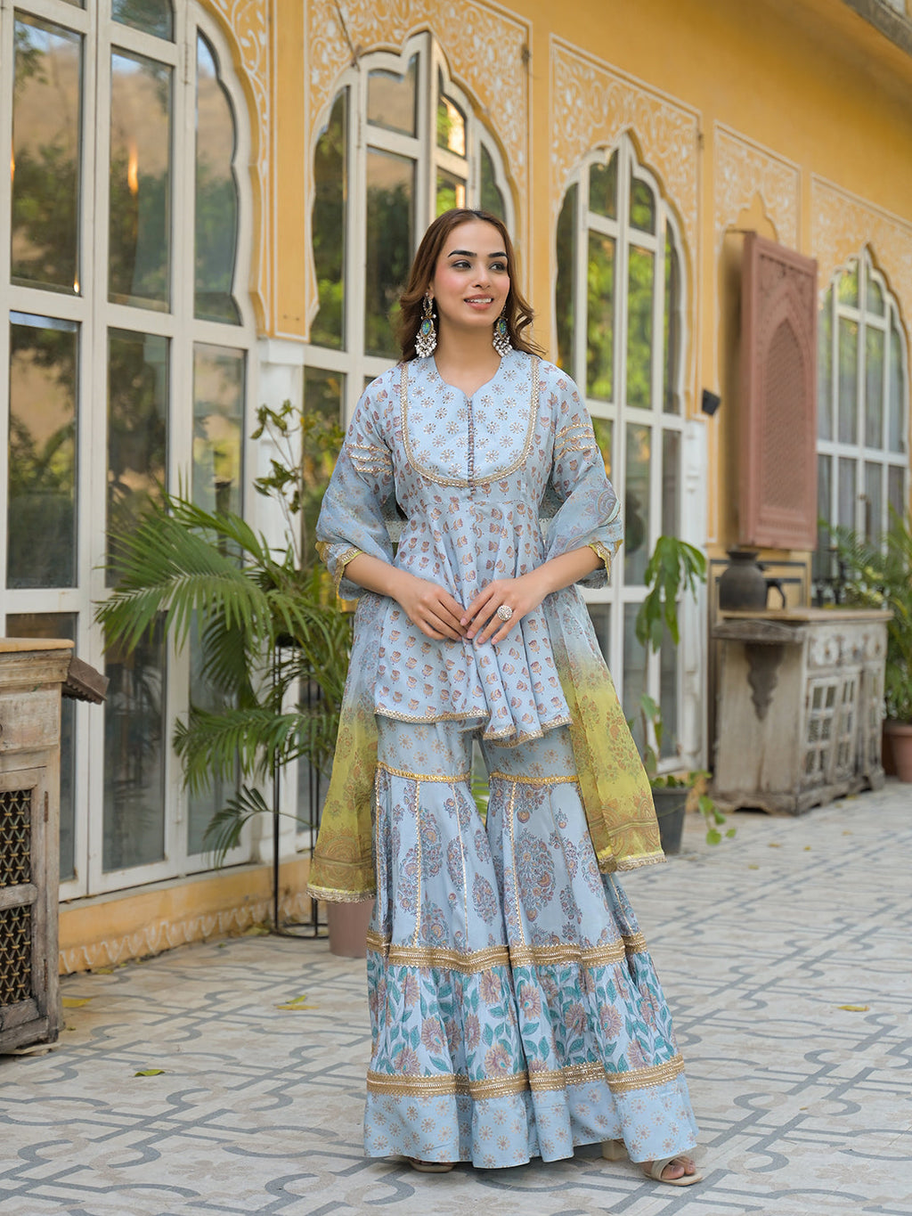 Divena Sky Blue Muslin Kurti Sharara with Dupatta