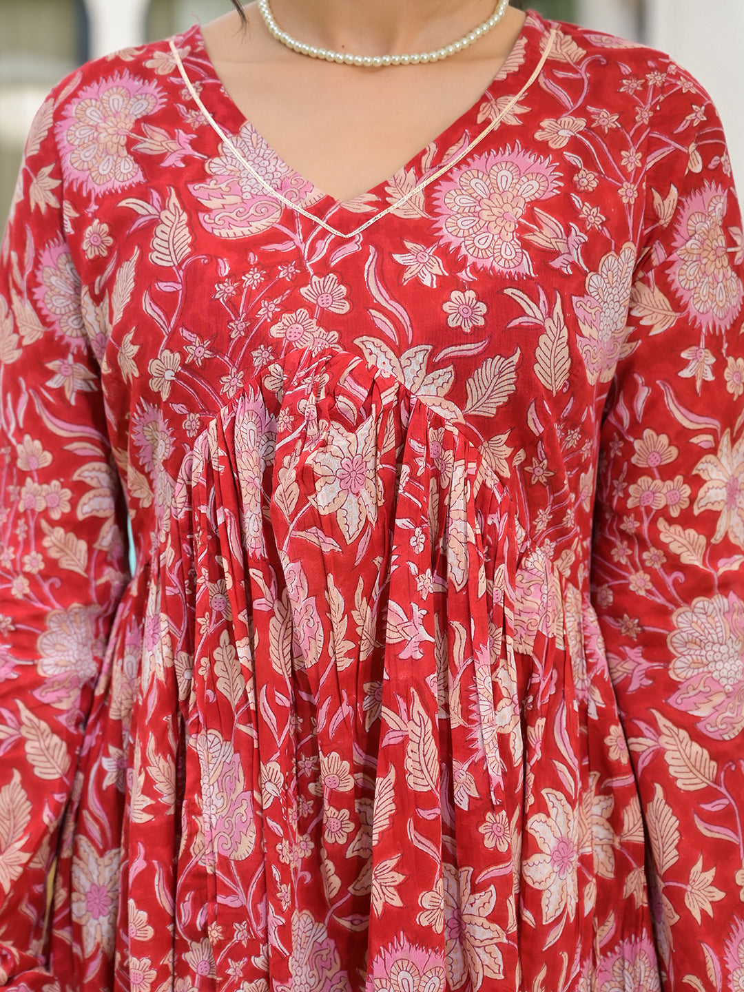 Divena Floral Printed Red Cotton Alia Cut Kurta Set for women