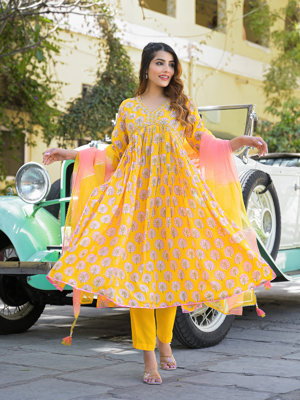 Divena Yellow Floral Print Muslin Fabric A-Line Kurta Pant With Dupatta