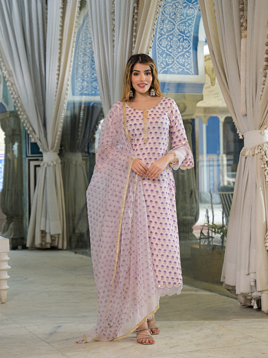 Divena Purple Hand Block Muslin Straight Kurta Pant With Dupatta
