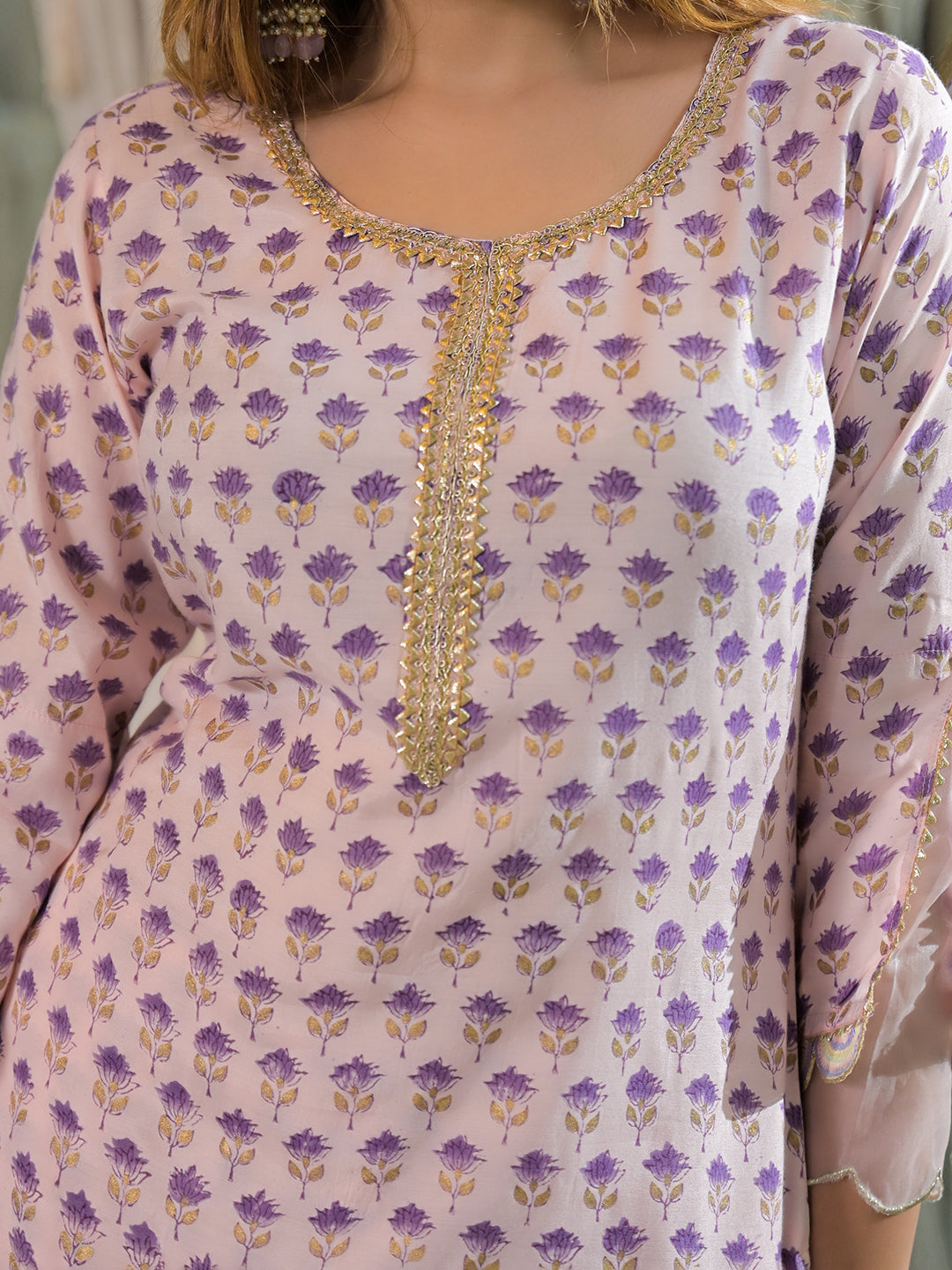 Divena Purple Hand Block Muslin Straight Kurta Pant With Dupatta