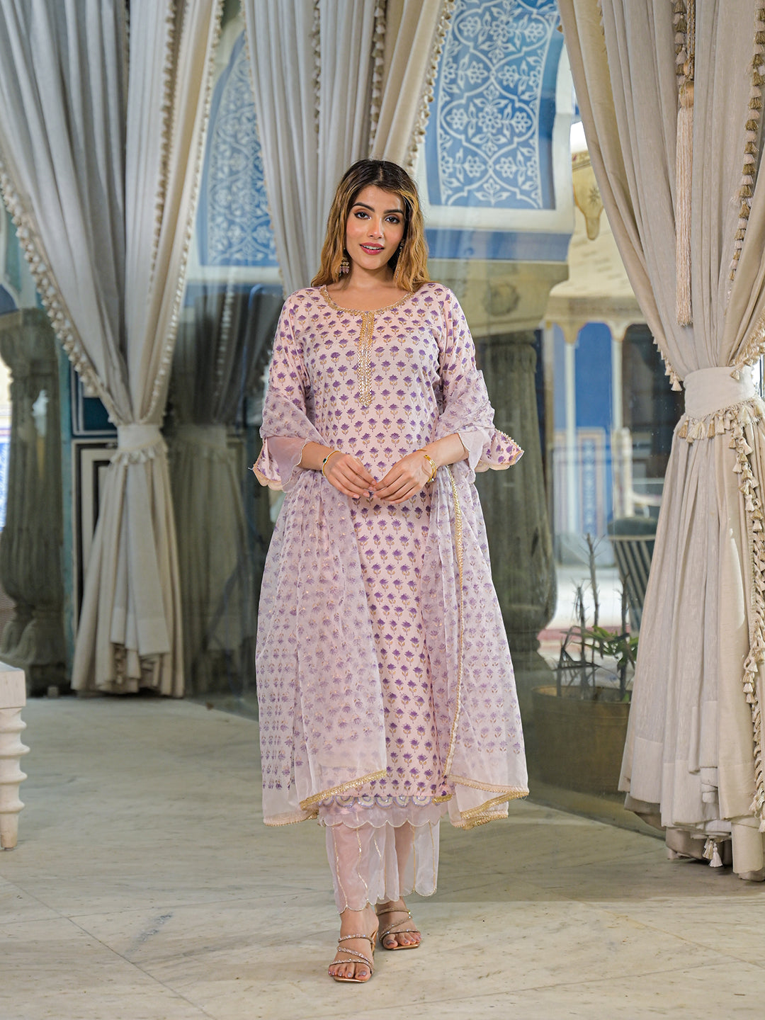 Divena Purple Hand Block Muslin Straight Kurta Pant With Dupatta