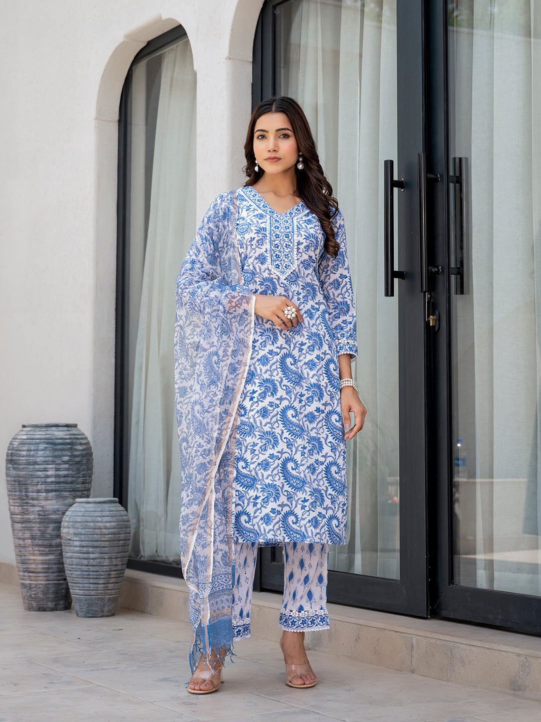 Divena Sky Blue HandBlock Floral Print Kurta Pant Dupatta Set