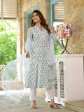 Divena White & Green Floral Handblock Printed Cotton Anarkali  Kurta Set