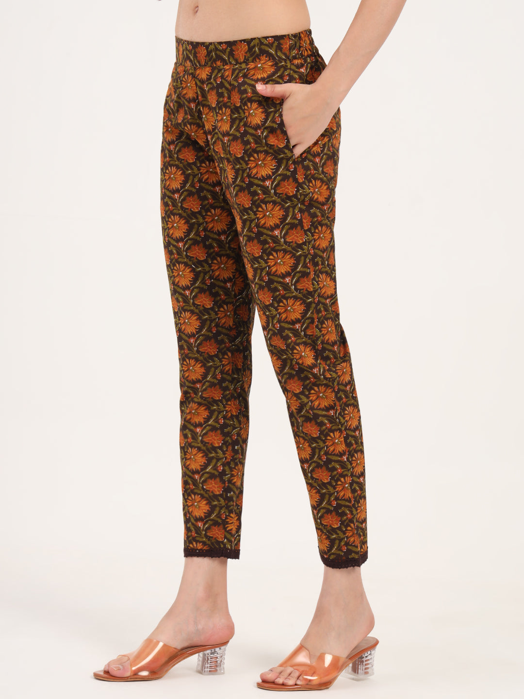 Divena Brown Floral Print Cotton Fabric Straight Kurta with Trouser