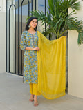 Divena Sky Blue Round Neck Straight Cotton Kurta Pant Set With Dupatta