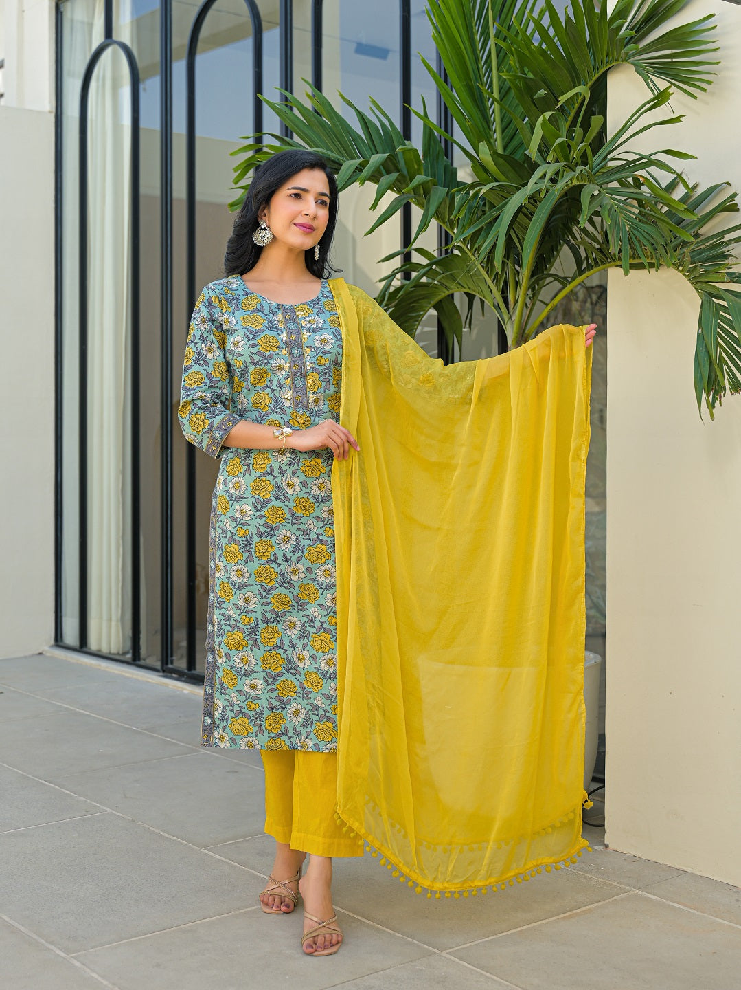 Divena Sky Blue Round Neck Straight Cotton Kurta Pant Set With Dupatta