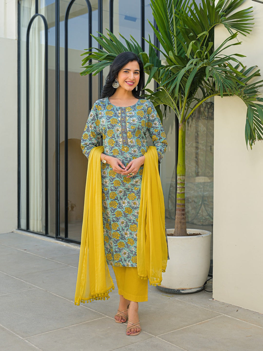 Divena Sky Blue Round Neck Straight Cotton Kurta Pant Set With Dupatta