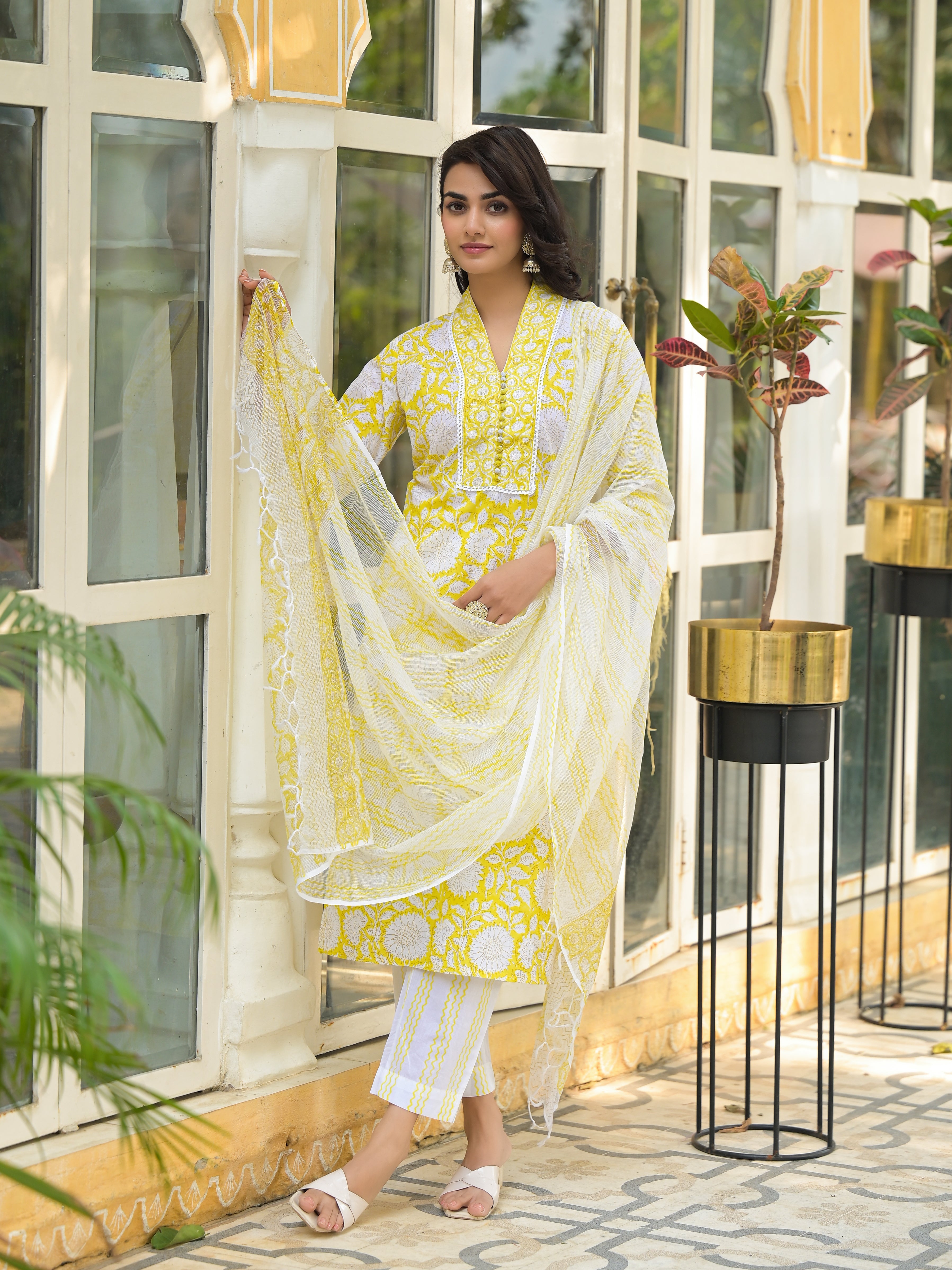 Divena Yellow Hand Block Print Pure Cotton Straight Kurta Set