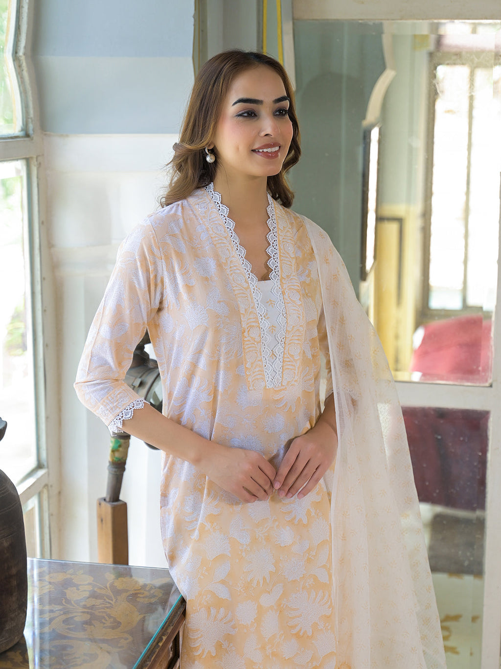 Divena Peach Block Print Cotton Straight Kurta Pant with Dupatta