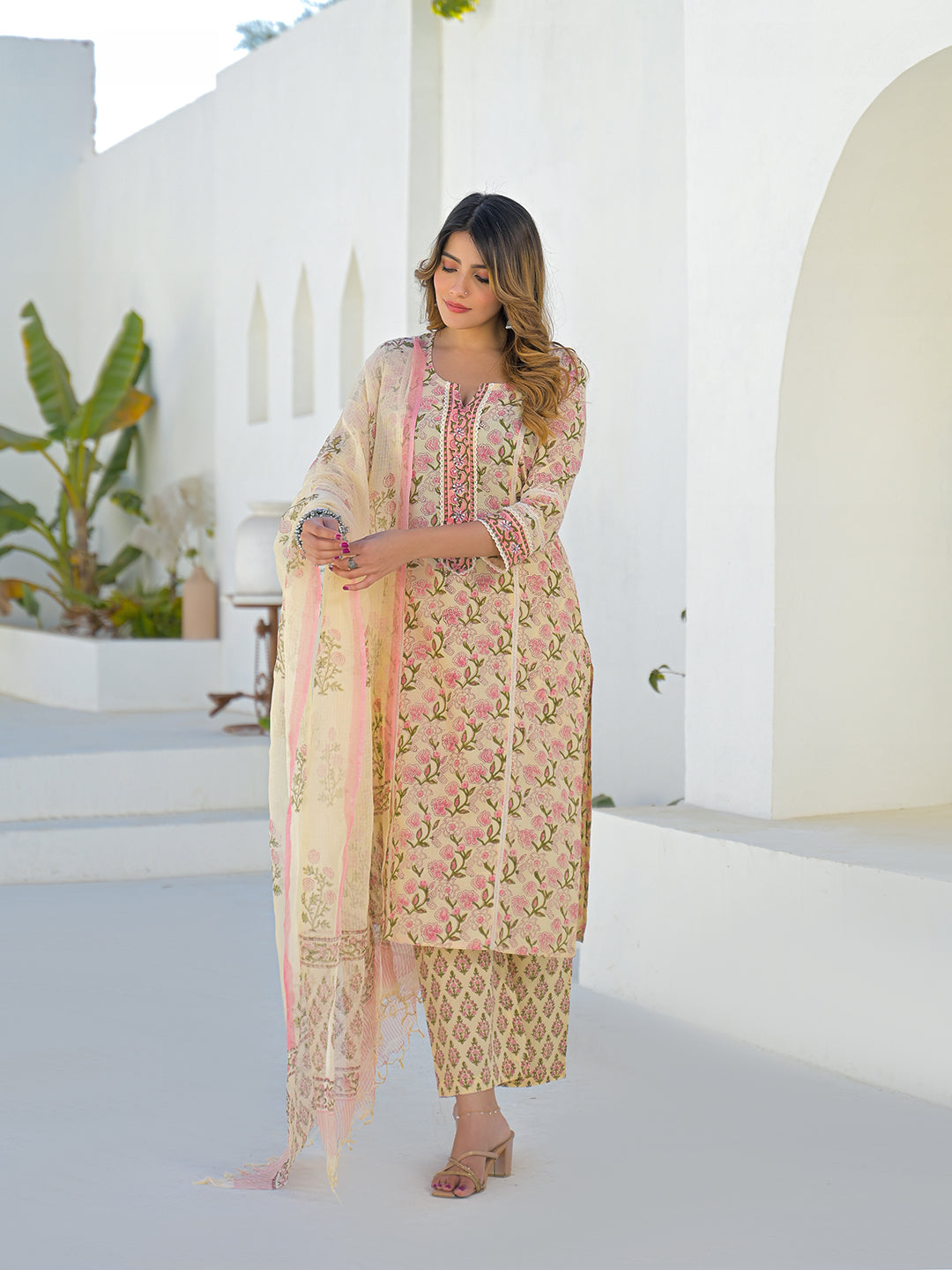 Divena Cream Hand Block Straight Cotton Kurta Pant Set With Dupatta