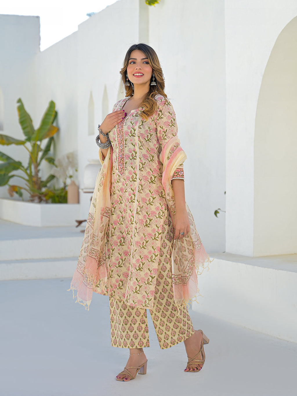 Divena Cream Hand Block Straight Cotton Kurta Pant Set With Dupatta