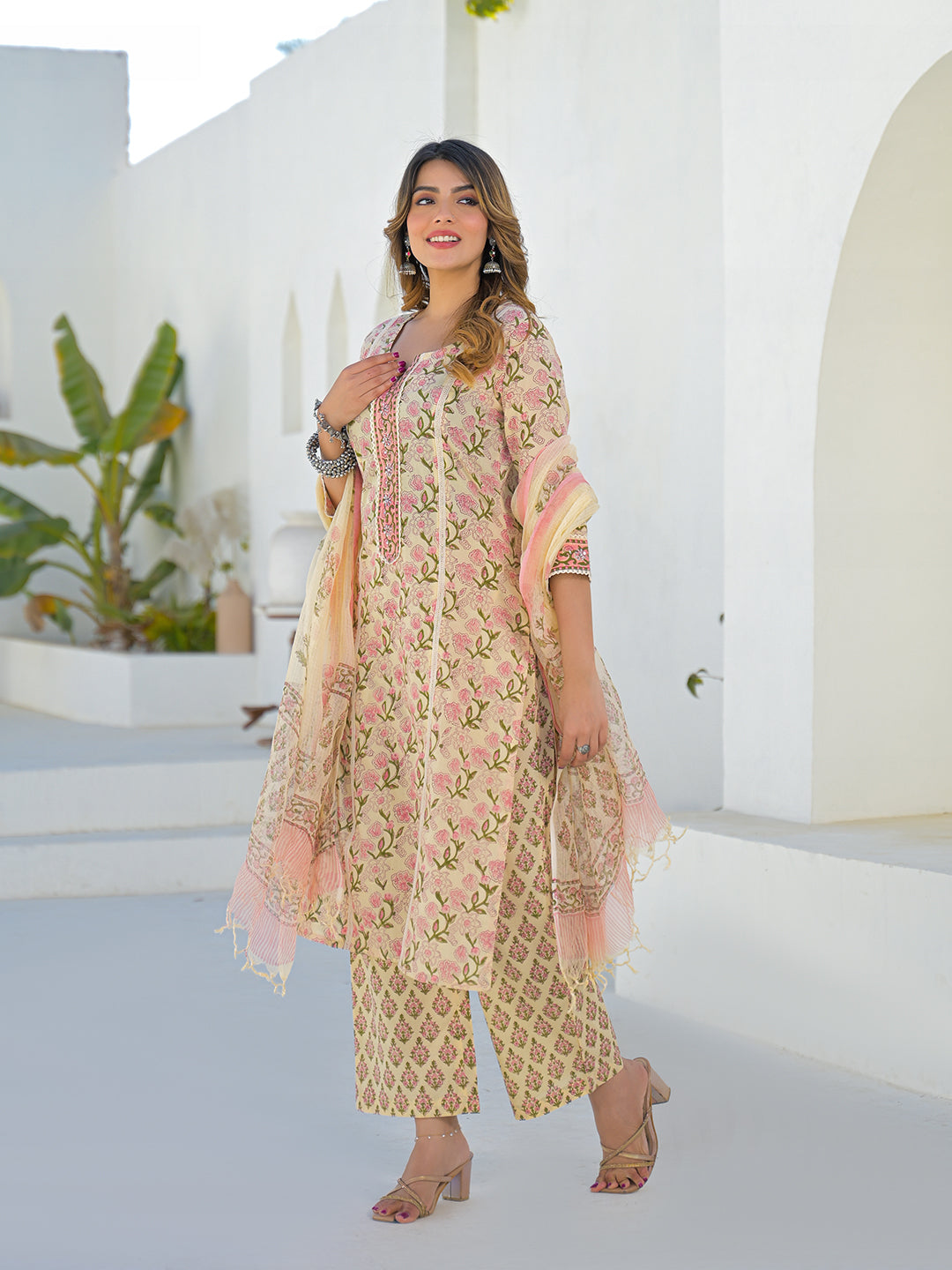 Divena Cream Hand Block Straight Cotton Kurta Pant Set With Dupatta