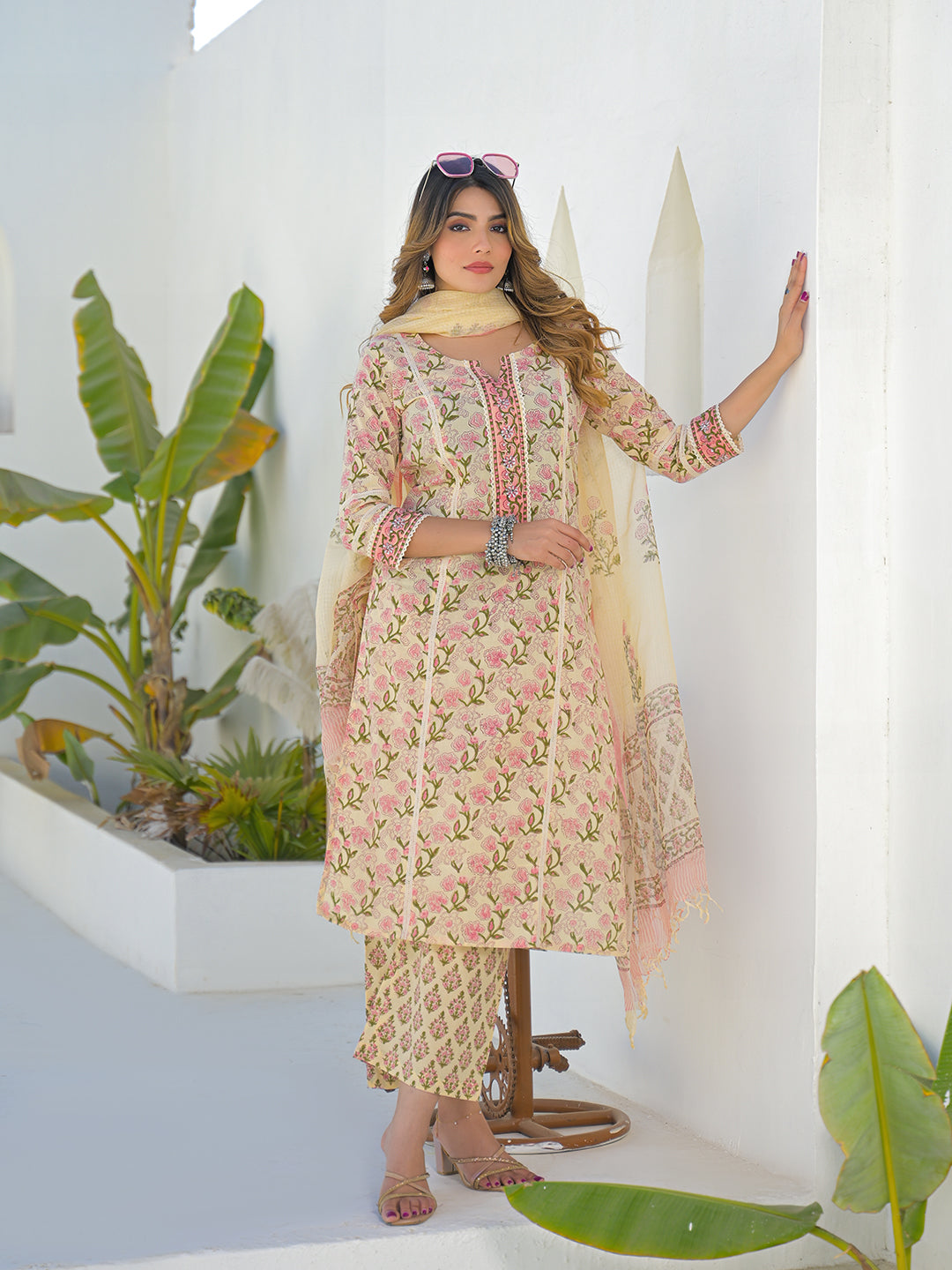 Divena Cream Hand Block Straight Cotton Kurta Pant Set With Dupatta
