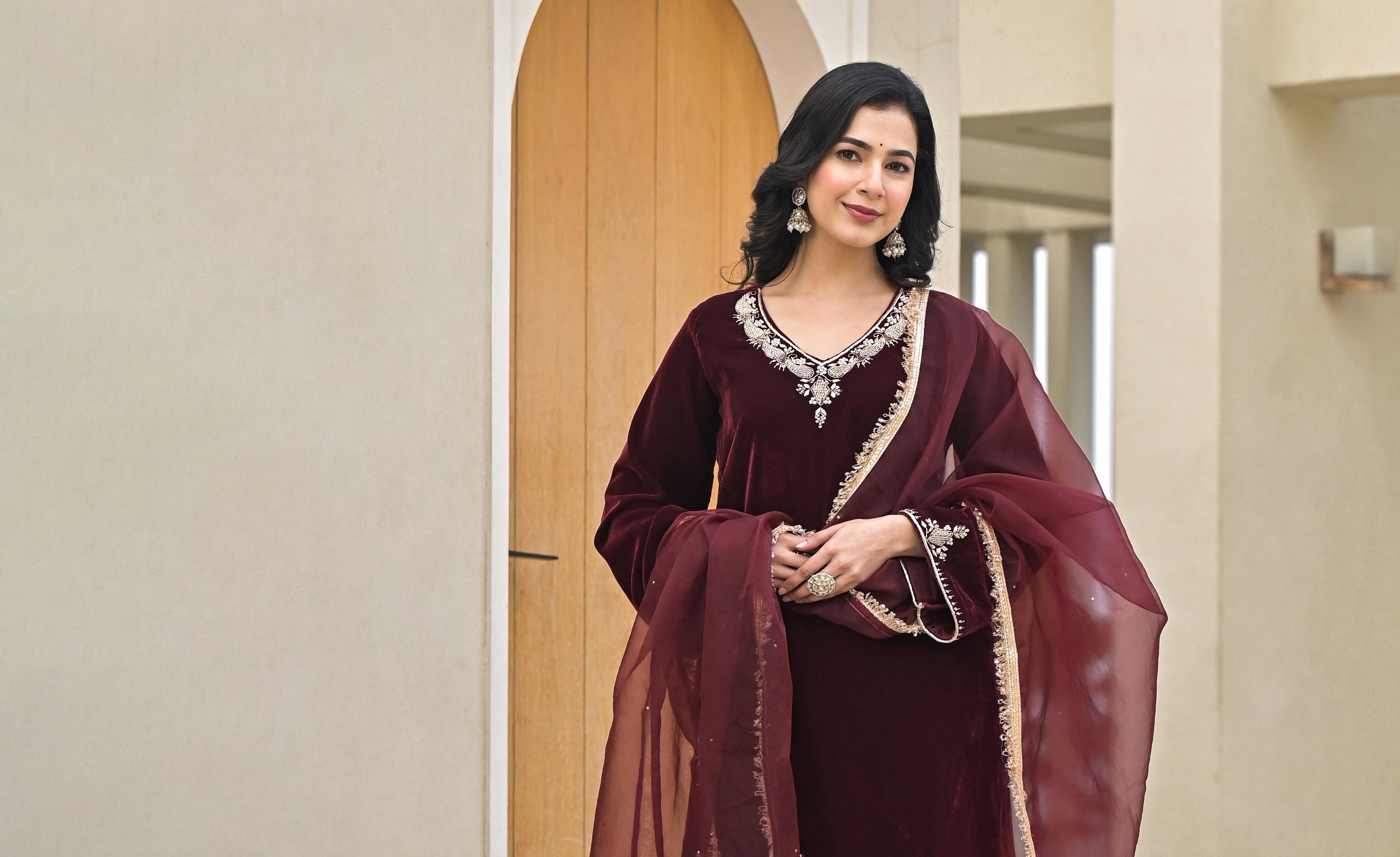 Divena Embroidered Maroon Velvet Kurta Pant Dupatta Set for Women