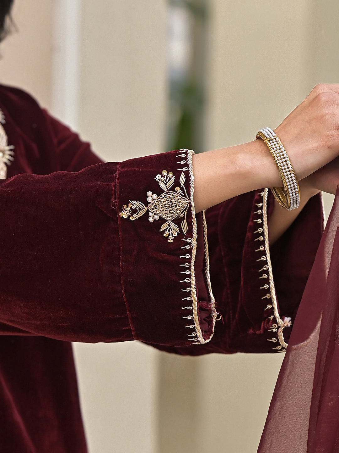Divena Embroidered Maroon Velvet Kurta Pant Dupatta Set for Women