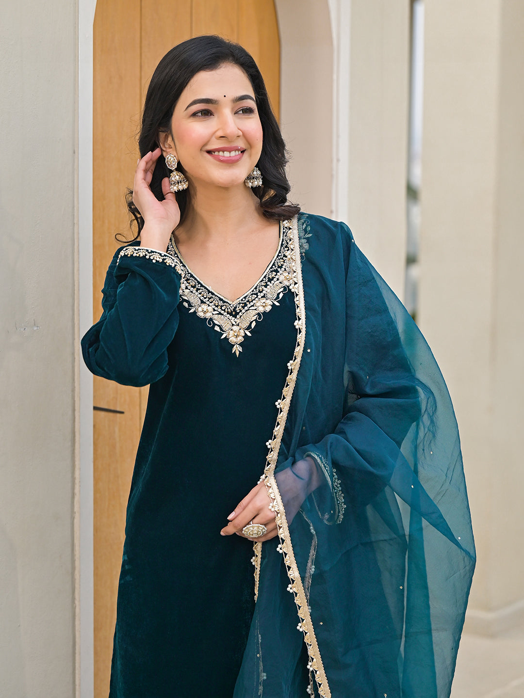 Divena Embroidered Green Velvet Kurta Pant Dupatta Set for Women