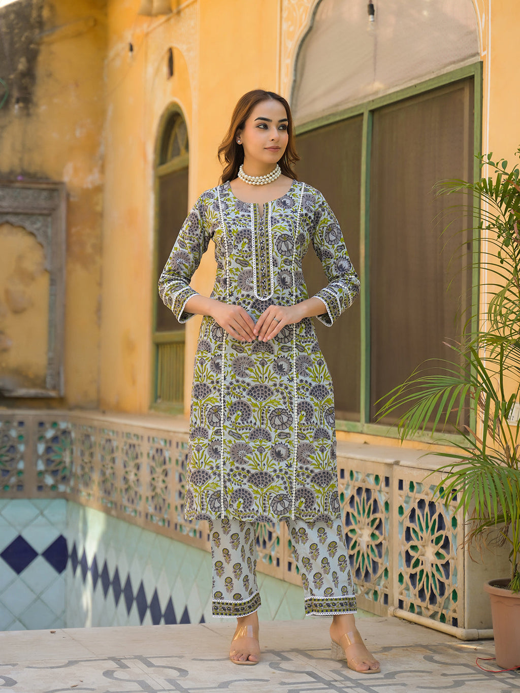 Divena Sea Green Cotton Hand Block Print Kurta Pant with Dupatta