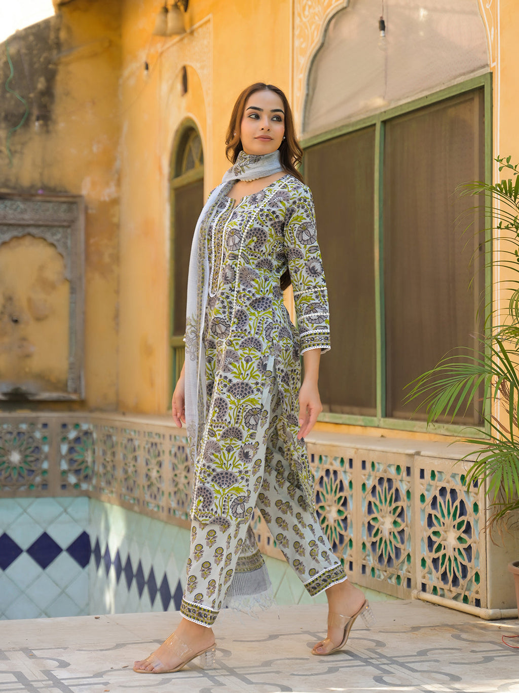 Divena Sea Green Cotton Hand Block Print Kurta Pant with Dupatta