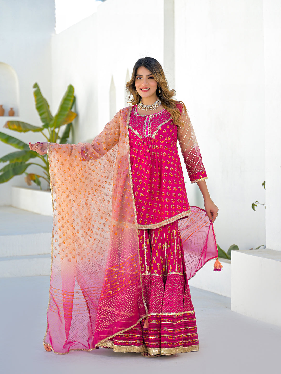 Divena Pink Muslin Round Neck Kurta Sharara Set with Organza Dupatta