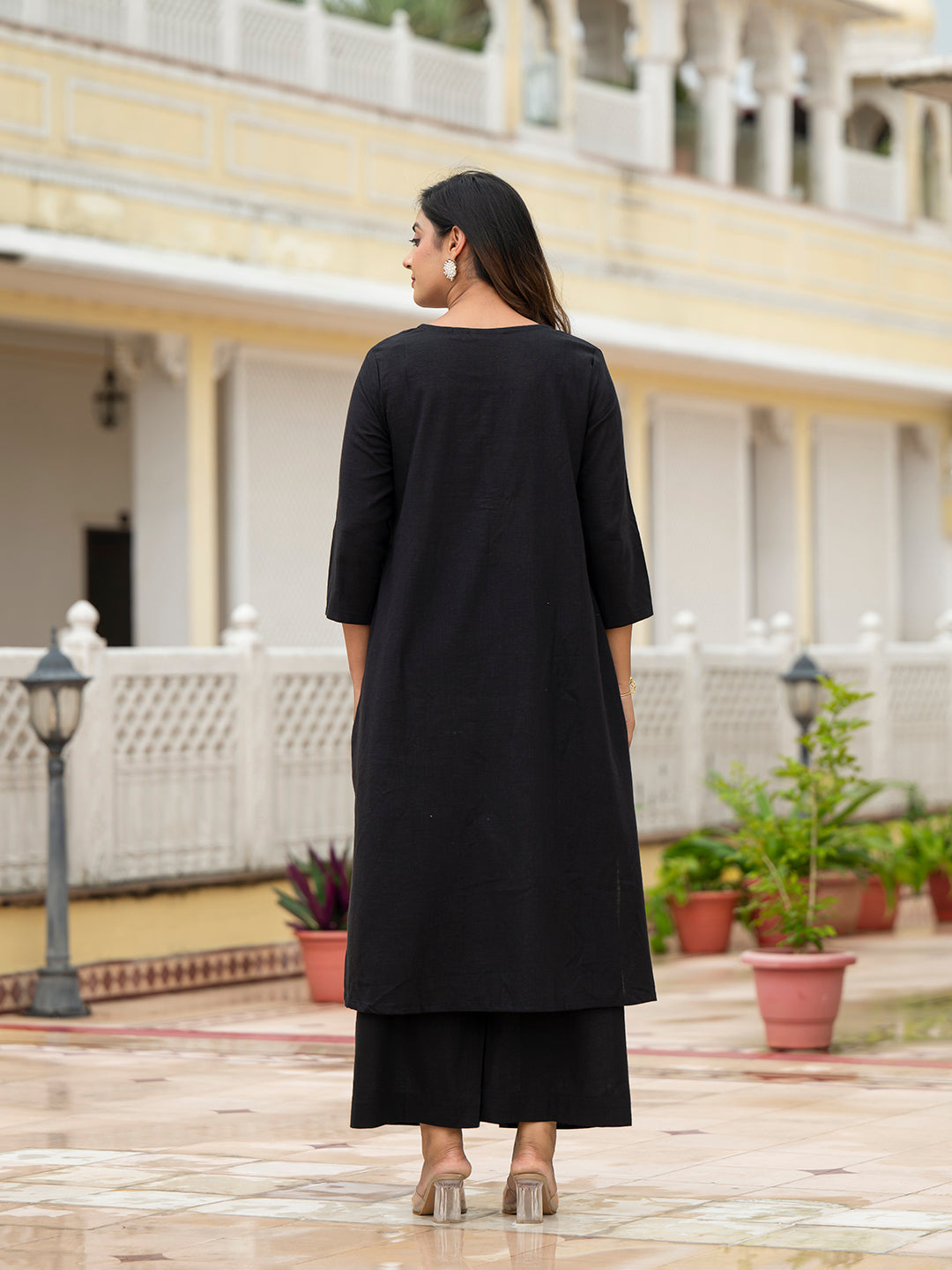 Divena Black Solid Cotton Kurta Palazzo Set