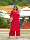 Divena Red Solid Cotton A-line Kurta Palazzo Sets