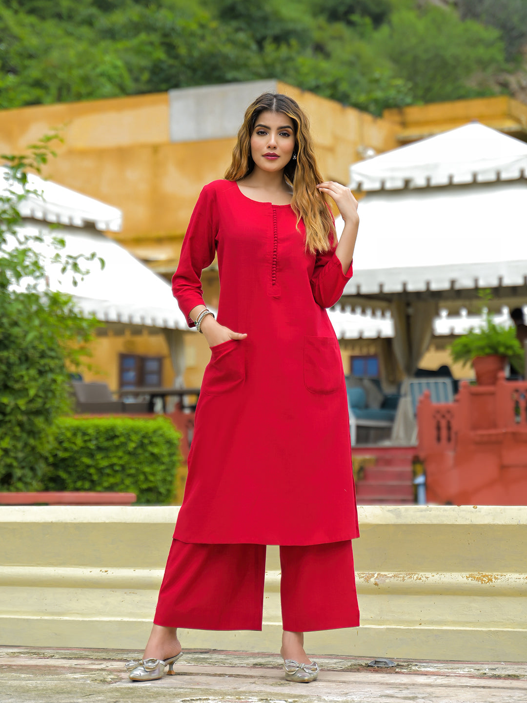 Divena Red Solid Cotton A-line Kurta Palazzo Sets