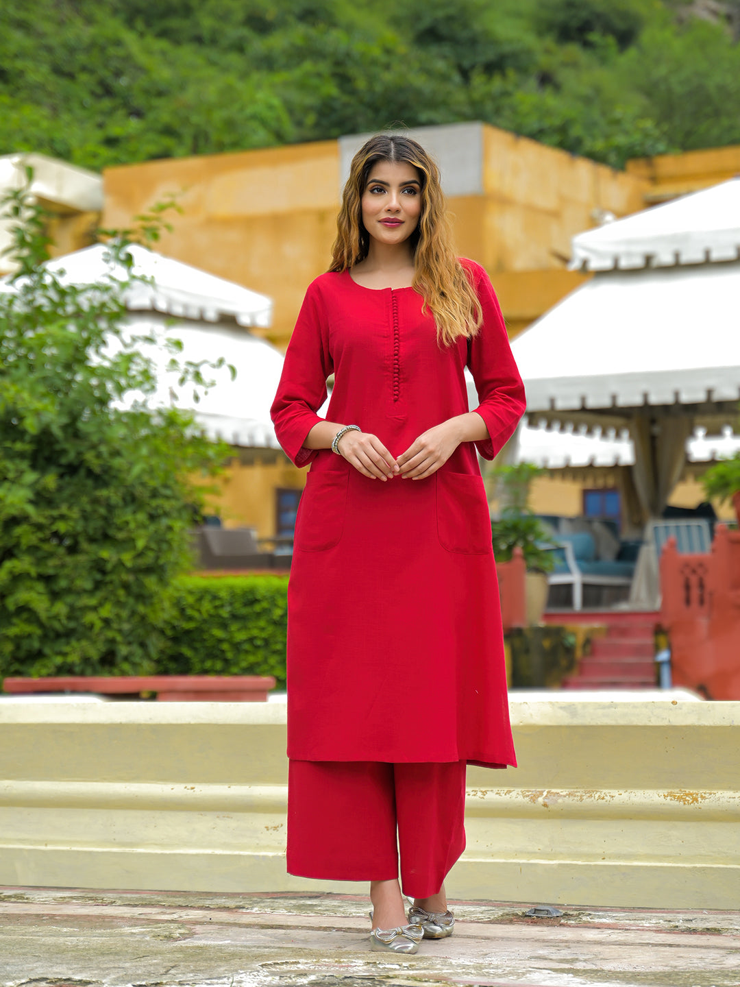 Divena Red Solid Cotton A-line Kurta Palazzo Sets
