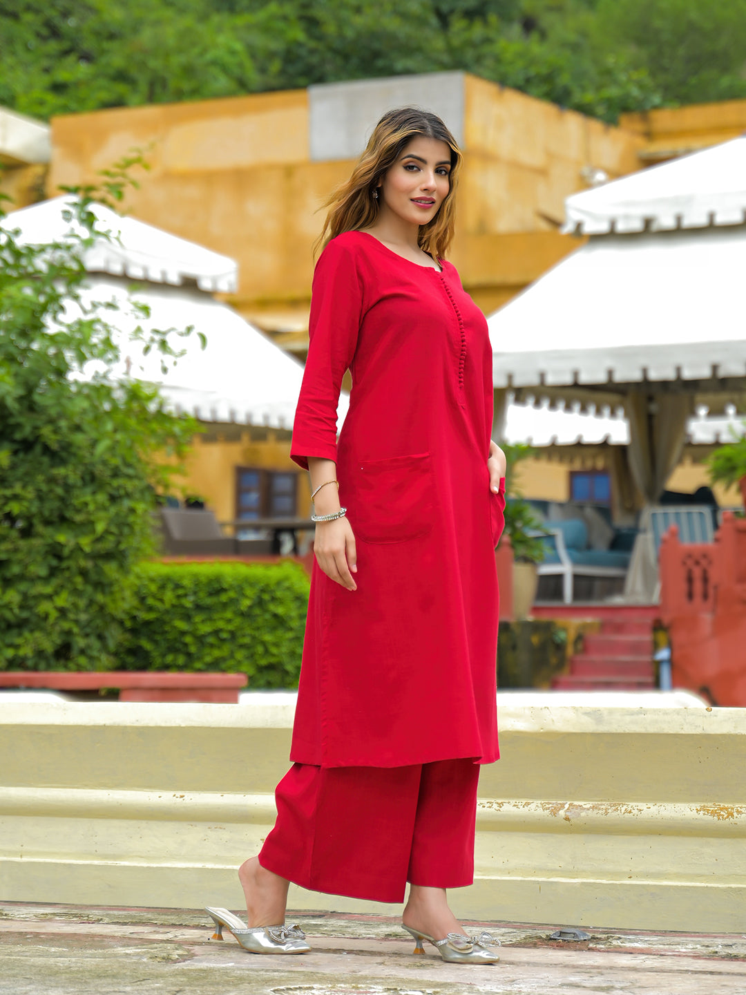 Divena Red Solid Cotton A-line Kurta Palazzo Sets