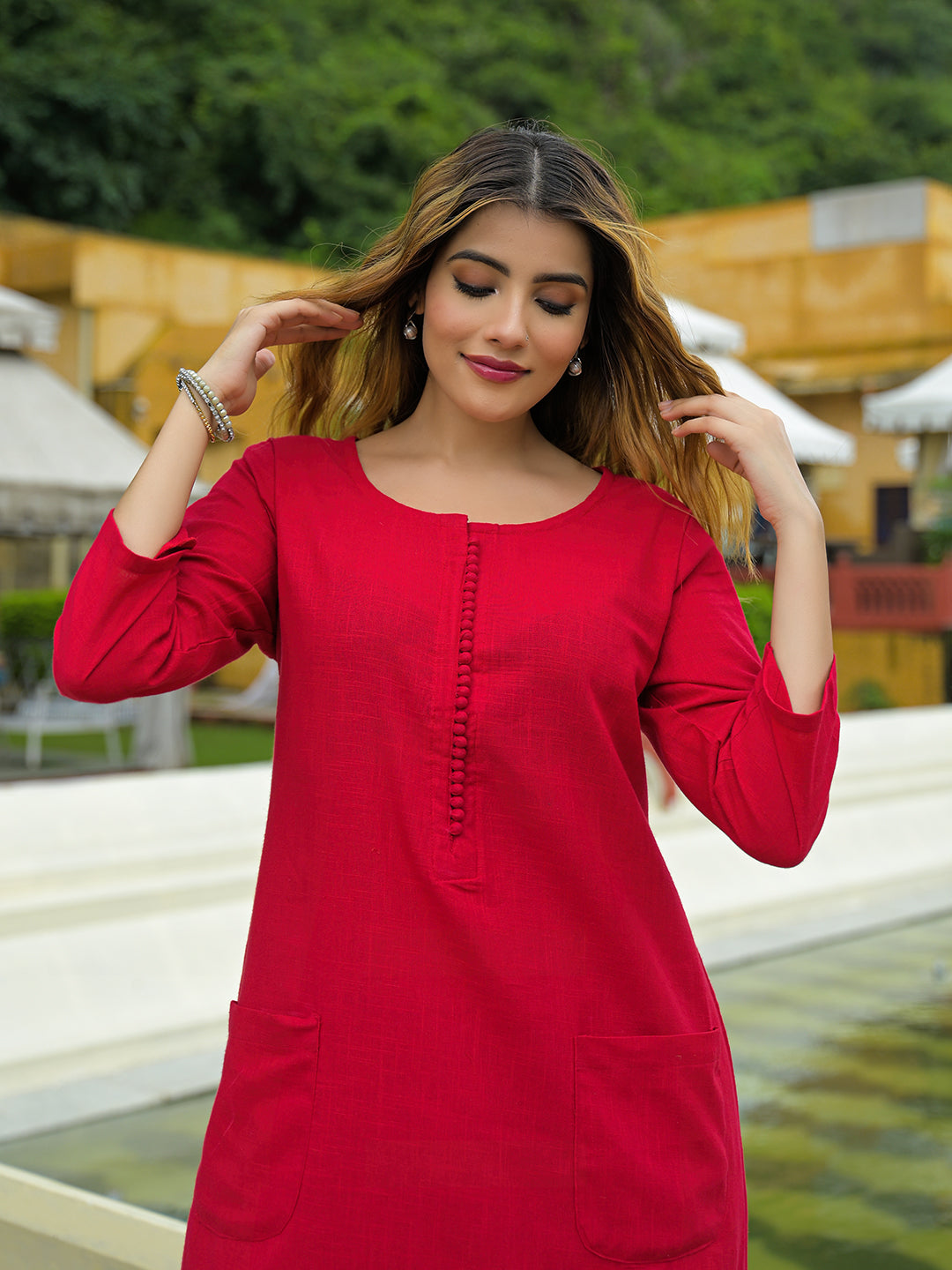 Divena Red Solid Cotton A-line Kurta Palazzo Sets