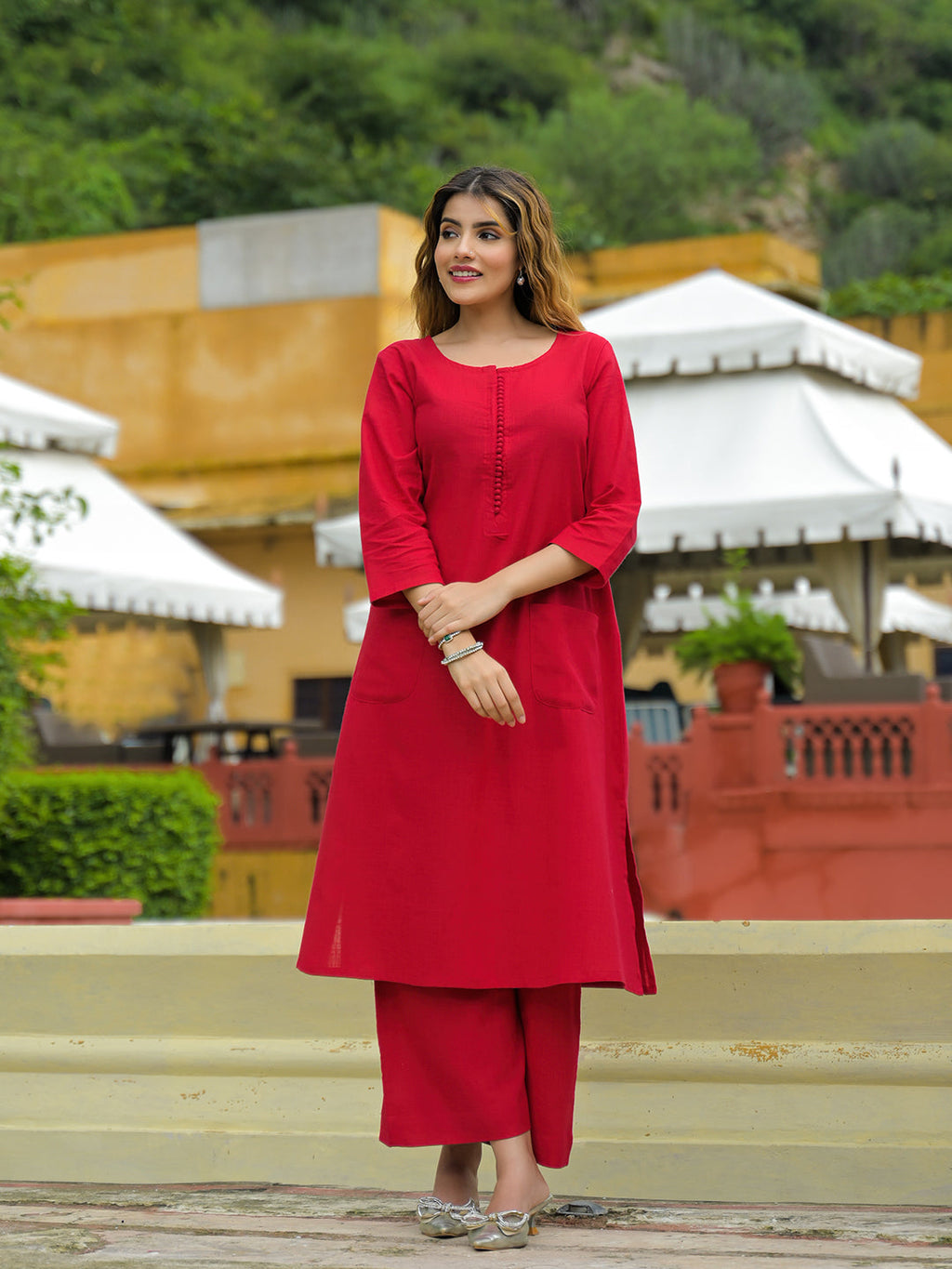 Divena Red Solid Cotton A-line Kurta Palazzo Sets