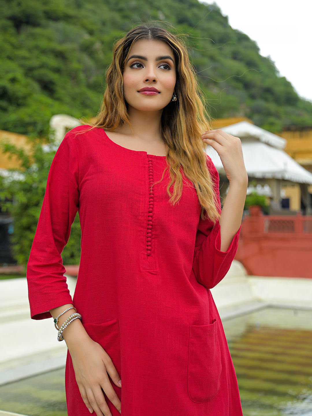 Divena Red Solid Cotton A-line Kurta Palazzo Sets