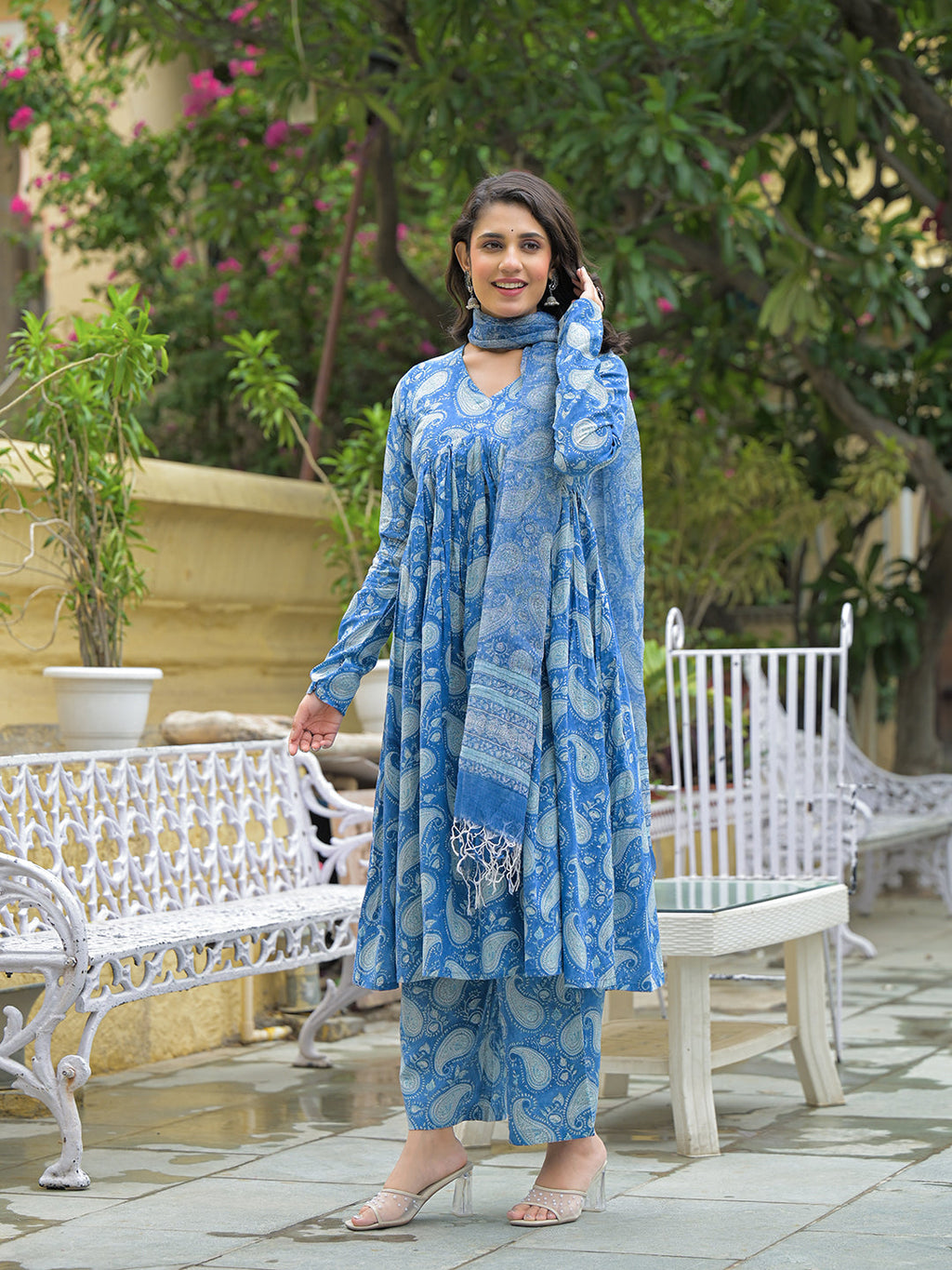 Divena Blue Cotton Paisley Printed Kurta Pant Set With Dupatta