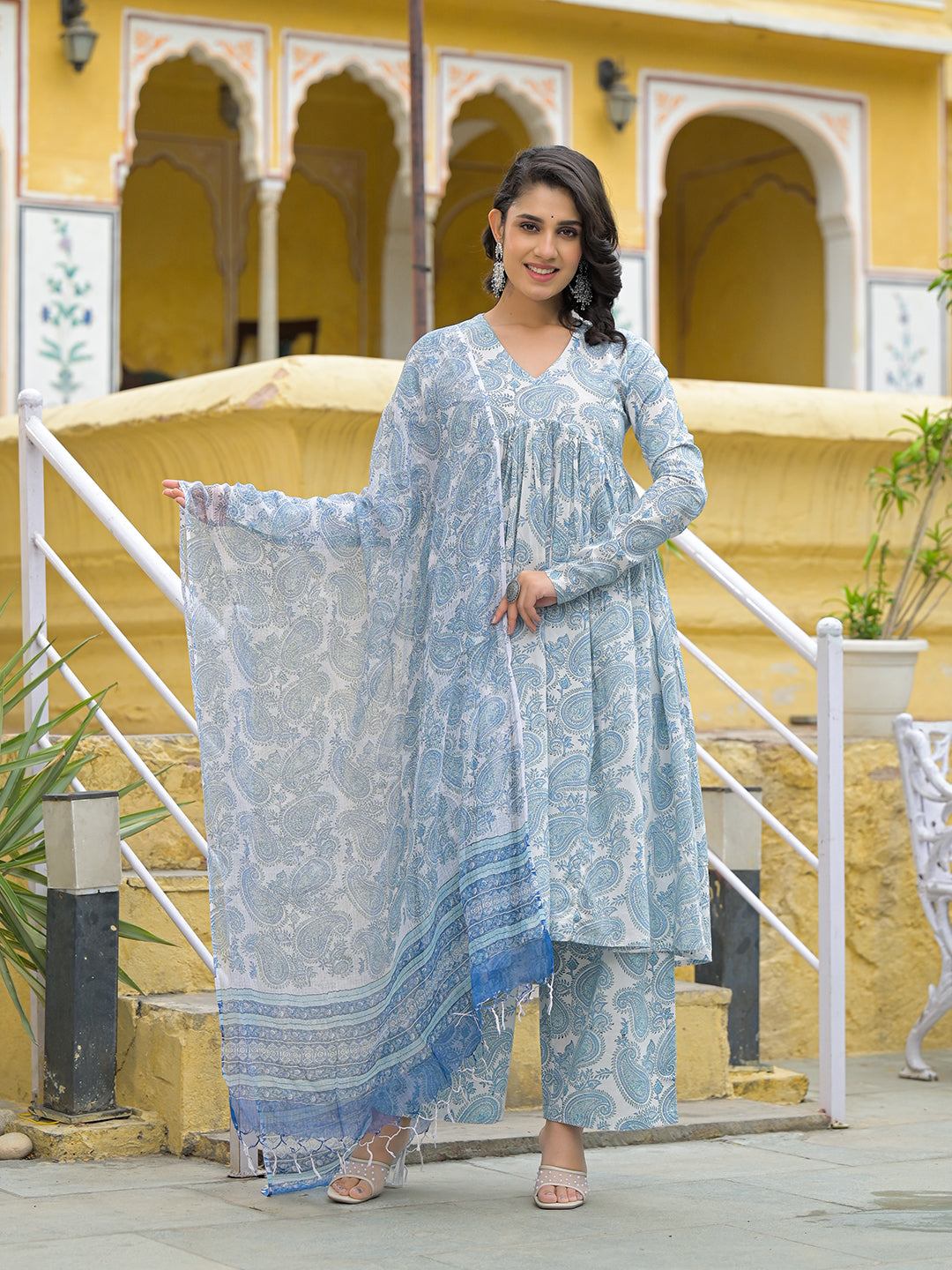 Divena White Cotton Paisley Printed Kurta Pant Set With Dupatta