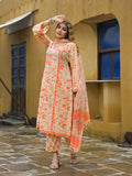 Divena Orange Straight Floral Print Hand Block Cotton Kurta Sets With Dupatta
