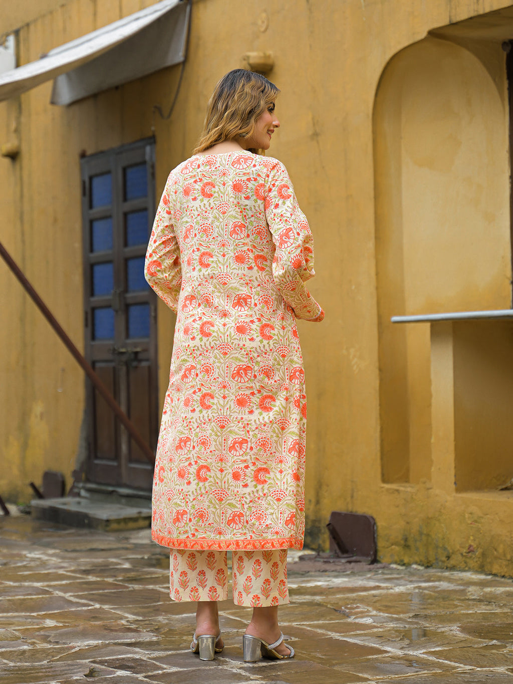 Divena Orange Straight Floral Print Hand Block Cotton Kurta Sets With Dupatta