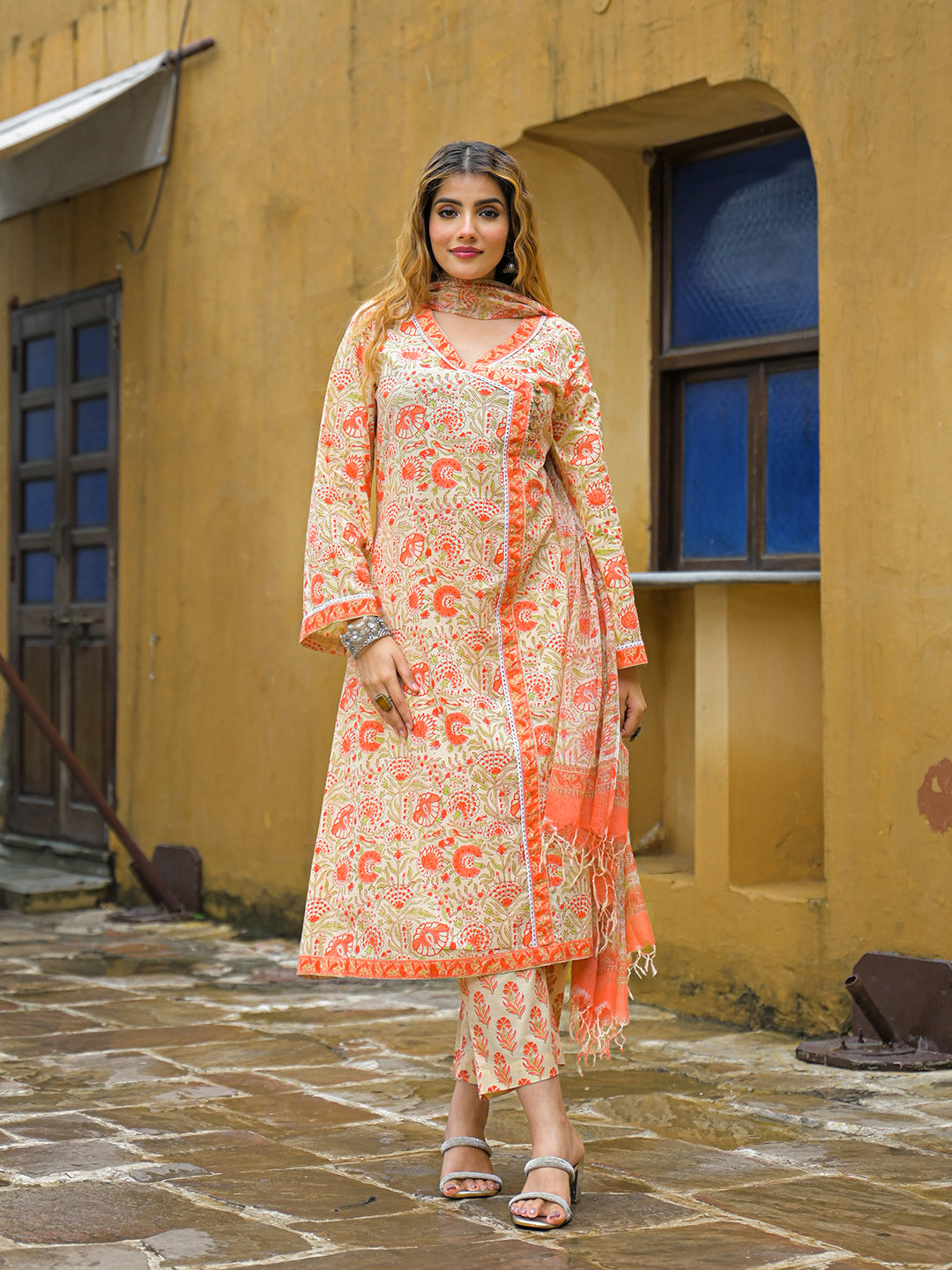 Divena Orange Straight Floral Print Hand Block Cotton Kurta Sets With Dupatta