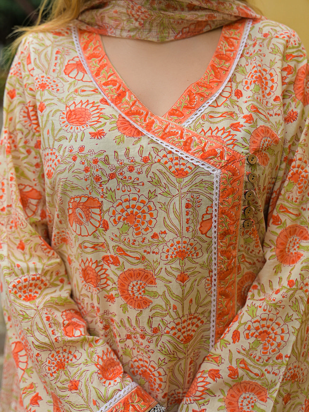 Divena Orange Straight Floral Print Hand Block Cotton Kurta Sets With Dupatta