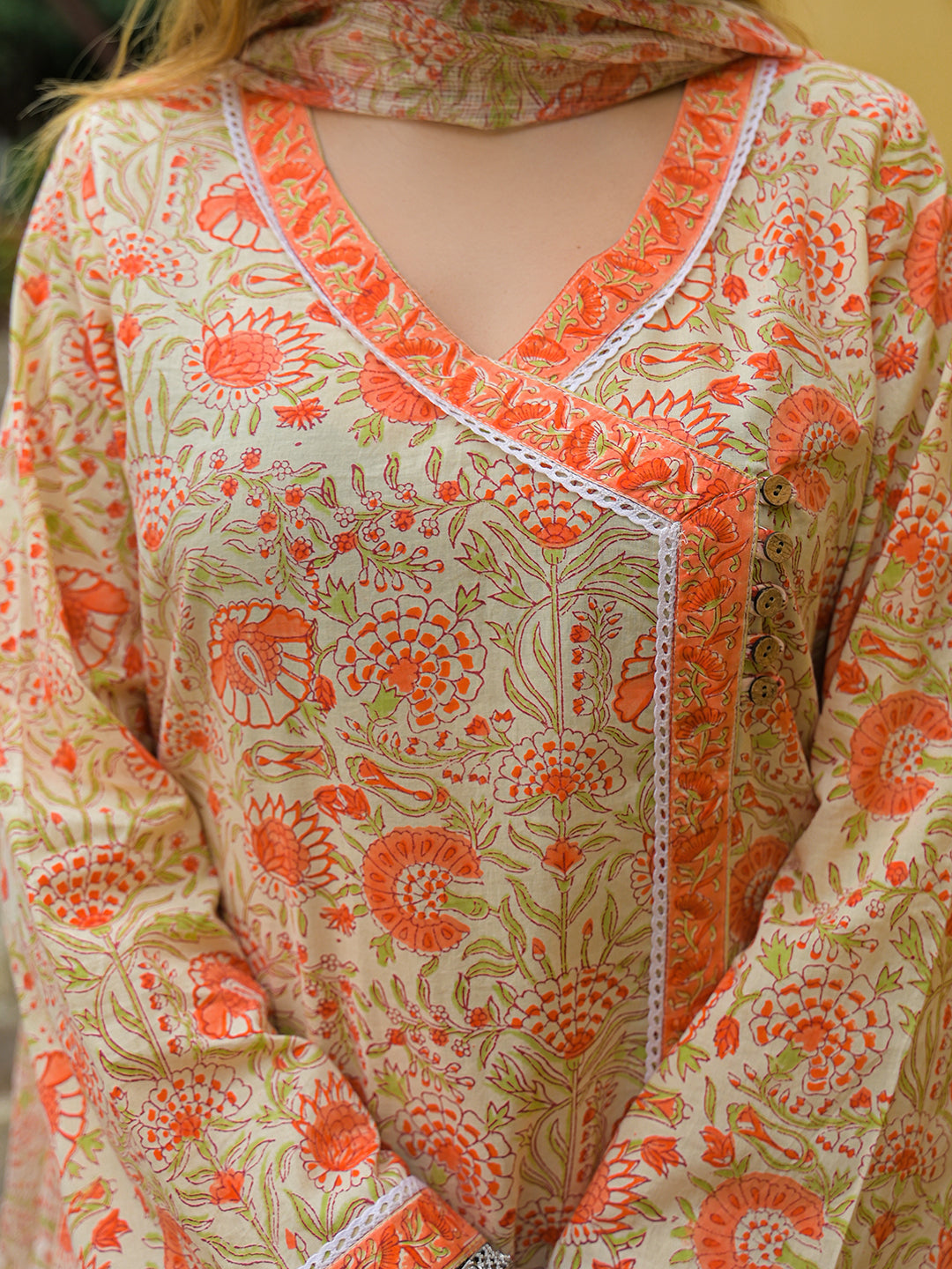 Divena Orange Straight Floral Print Hand Block Cotton Kurta Sets With Dupatta