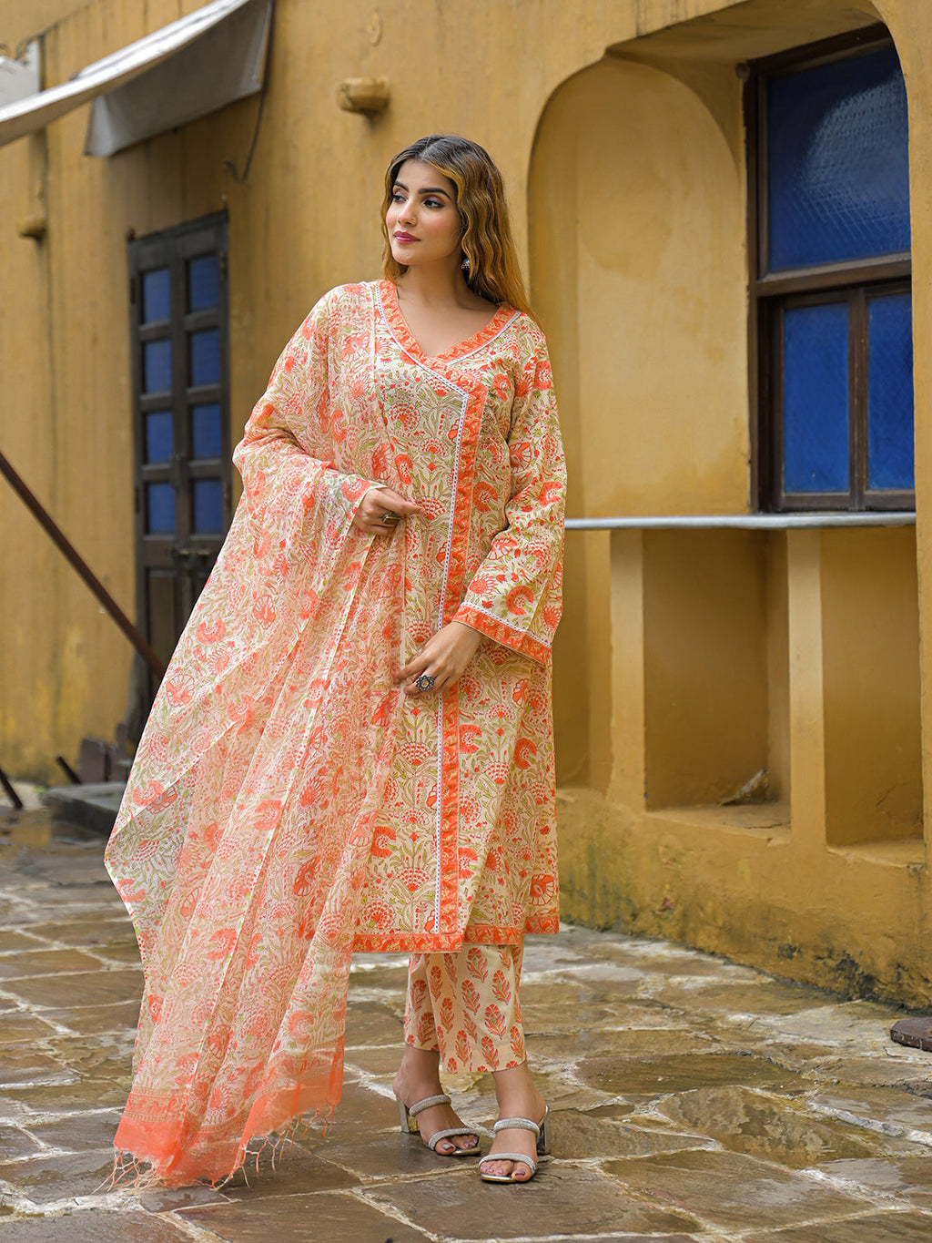 Divena Orange Straight Floral Print Hand Block Cotton Kurta Sets With Dupatta