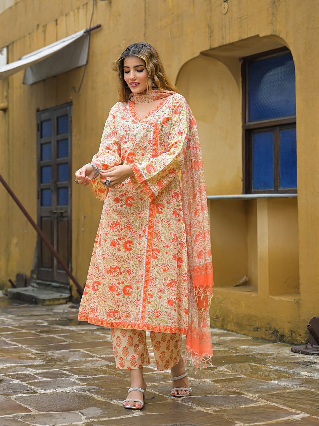Divena Orange Straight Floral Print Hand Block Cotton Kurta Sets With Dupatta