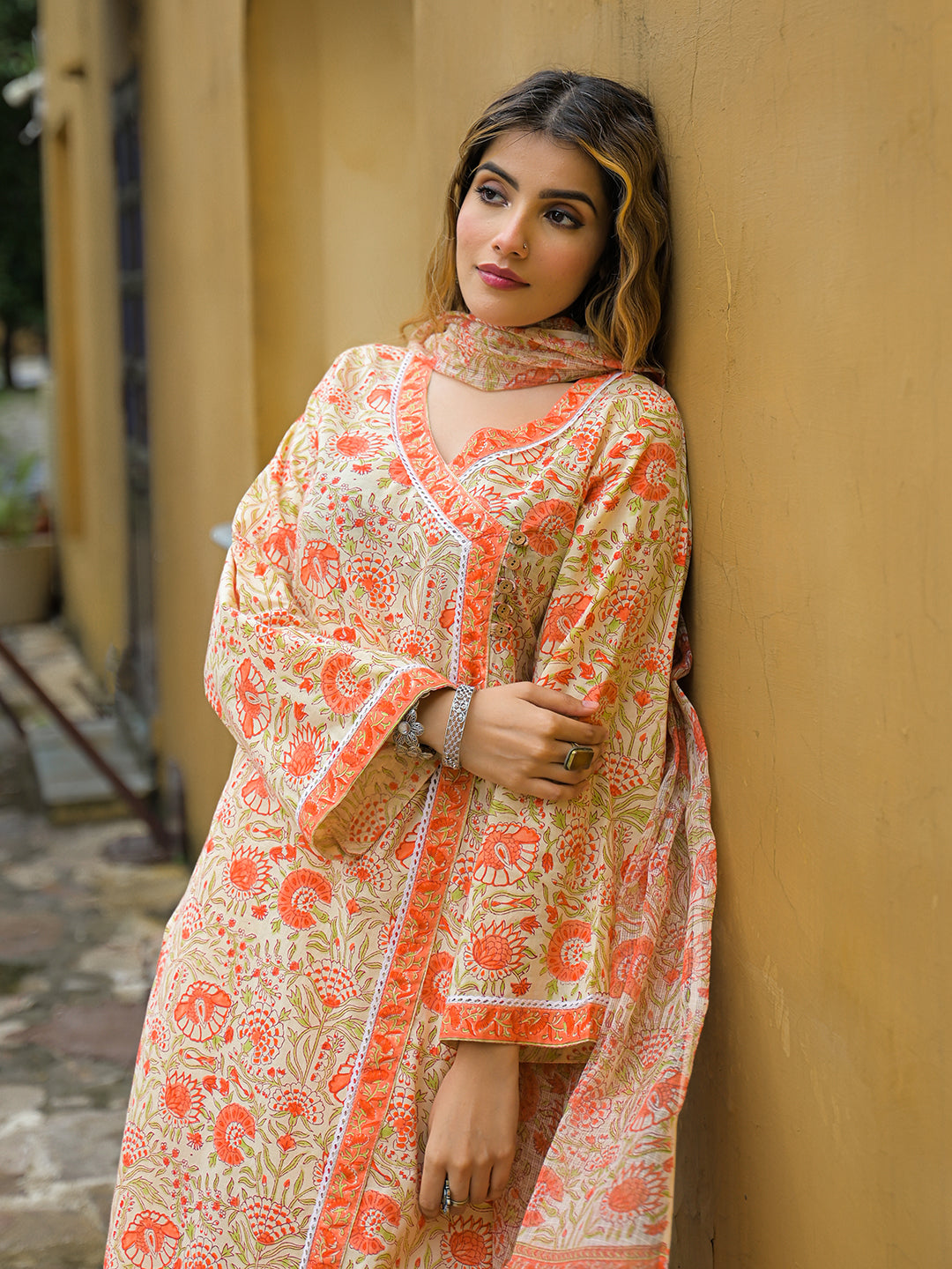 Divena Orange Straight Floral Print Hand Block Cotton Kurta Sets With Dupatta